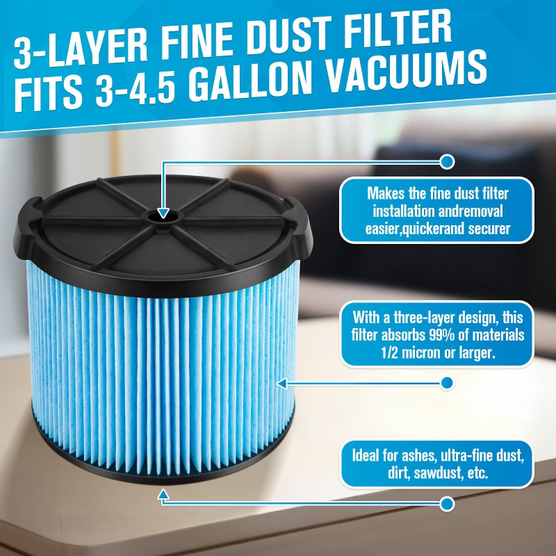 KAKO VF3500 Filter for Ridgid Shop Vac Filter, VF3500 Replacement Filter for Rigid 4 Gallon Shop Vac Filter, 3-Layer Wet/Dry 3-4.5 Gallon Vacuum Dust Filter for Wd4070, Wd3050, WD4080, WD4522 (2 Pack) - Image 3